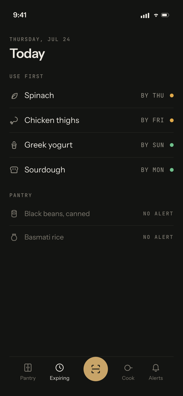 NeverToss home screen: a use-first list of groceries with the day each one is best used by, and pantry items marked no alert