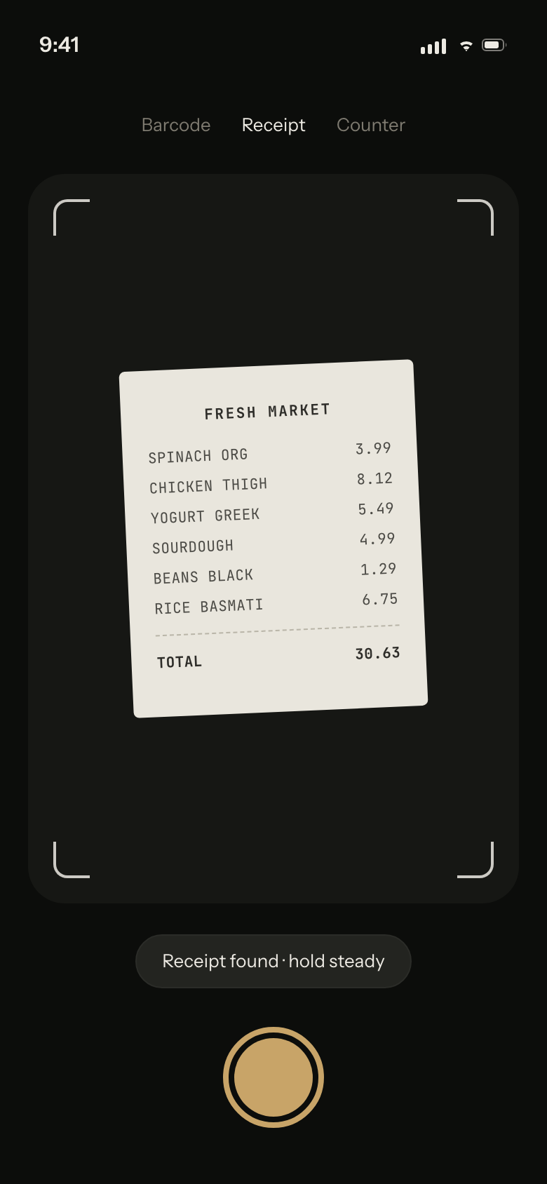 NeverToss receipt mode reading a grocery receipt inside the camera viewfinder