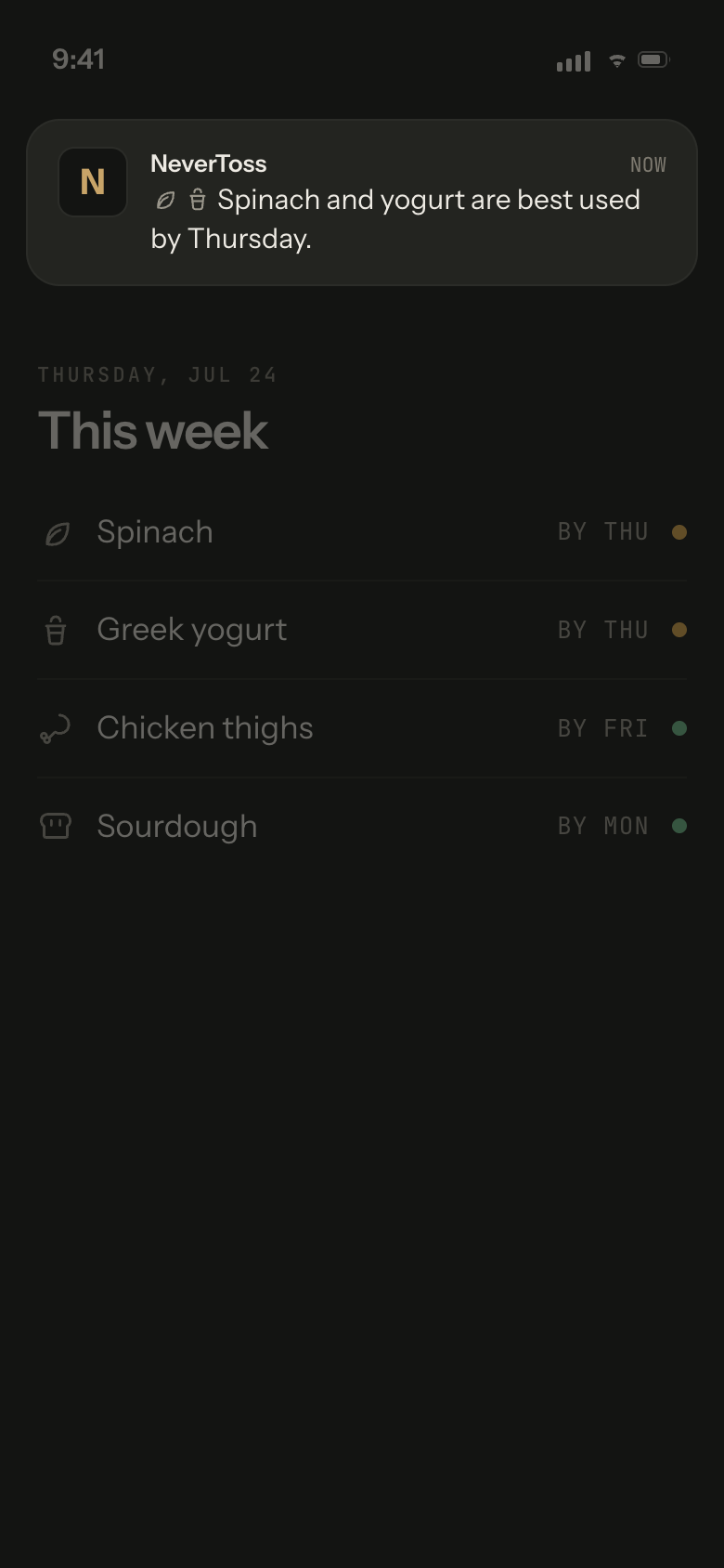 A calm NeverToss notification: Spinach and yogurt are best used by Thursday