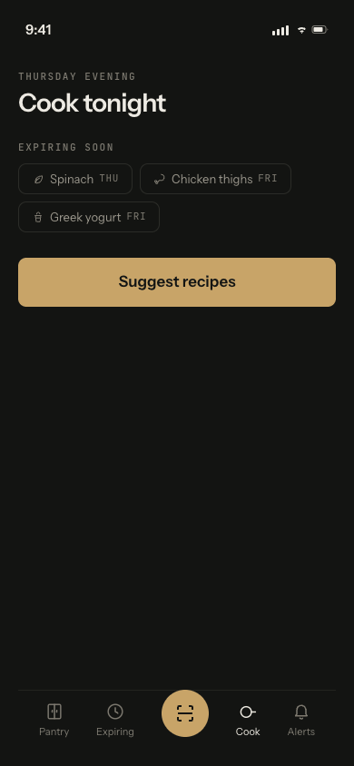 NeverToss Cook tab demo: three expiring items, a tap on Suggest recipes, then recipe videos that use them up