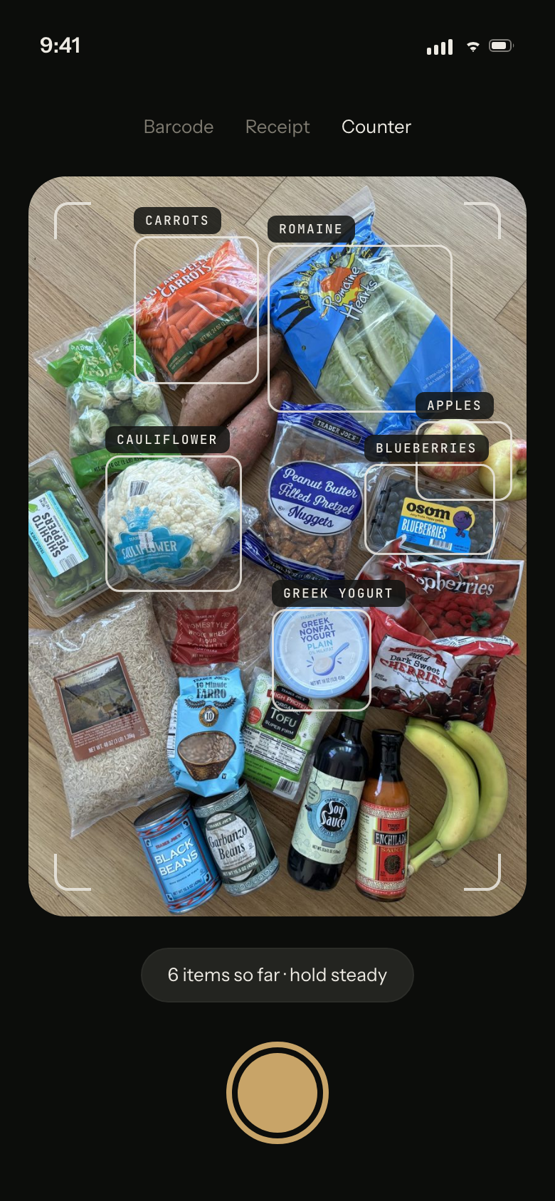 NeverToss camera detecting groceries on a counter