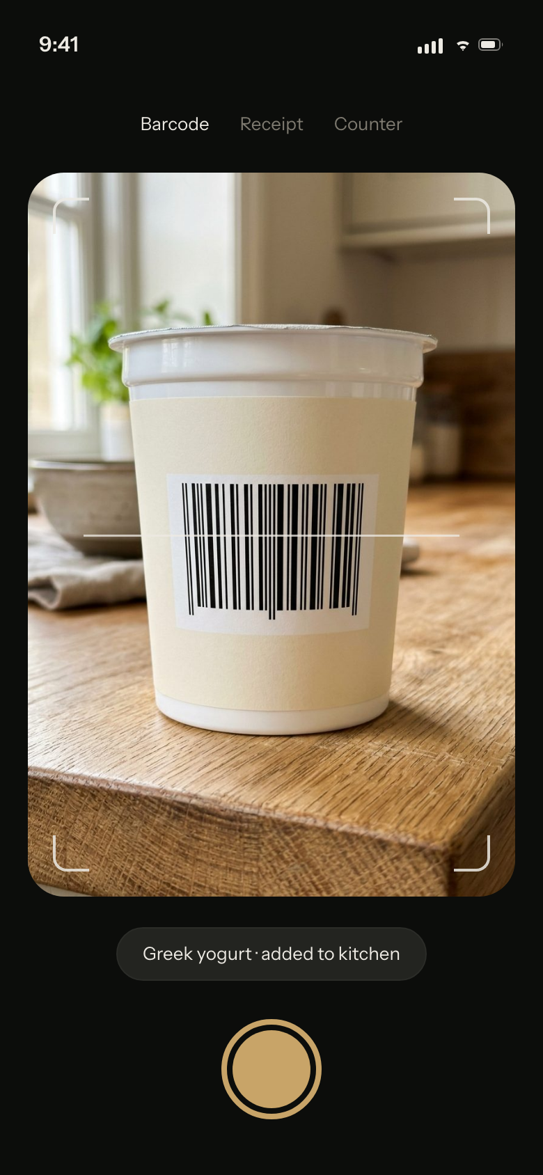 NeverToss barcode mode adding a Greek yogurt to the kitchen from its barcode